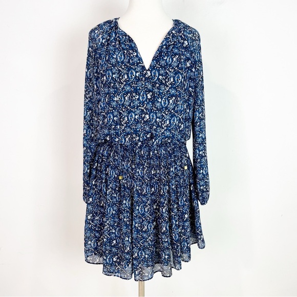 MICHAEL MICHAEL KORS BLUE WHITE PAISLEY LONG SLEEVE ELASTIC WAIST DRESS MEDIUM - Picture 3 of 9
